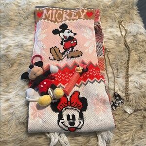 Mickey & Minnie Knit Scarf , Minnie pez Mickey clip for bag & 2 Disney necklaces